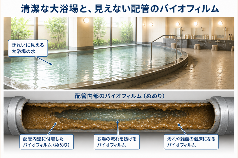 清潔な大浴場のイメージと、見えない配管内部のバイオフィルム（ぬめり）