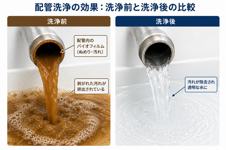 配管洗浄前の茶色い汚れ（バイオフィルム）が排出される様子と、洗浄後の透明な水の比較